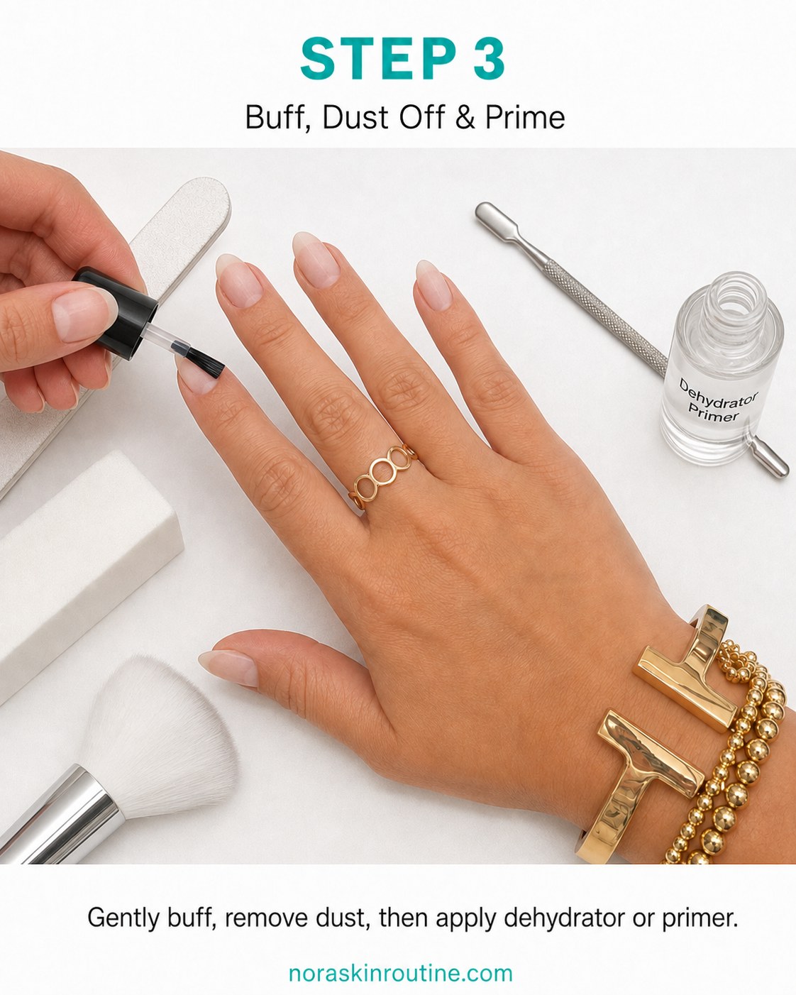 Buffing and dust-brushing the nail before priming ahead of teal chrome almond nails