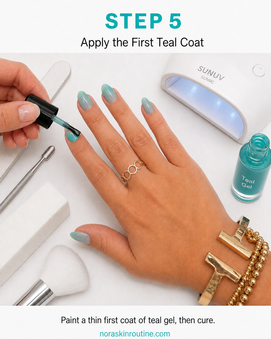 Applying the first thin, streaky coat of teal gel polish for teal chrome almond nails