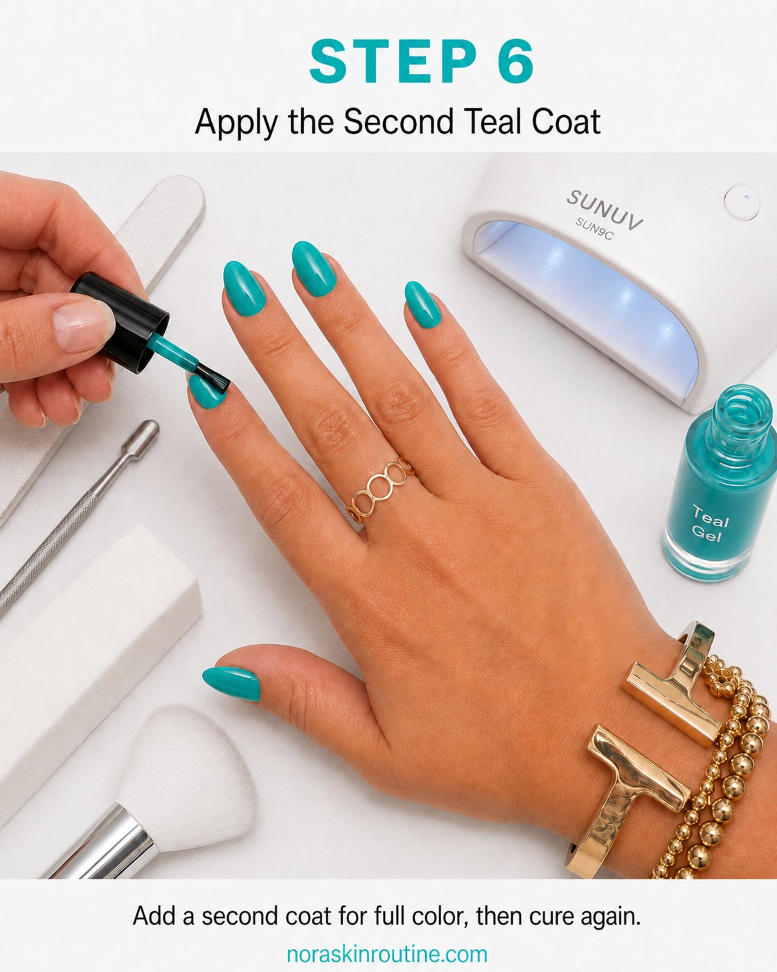 Adding a second coat of teal gel polish for full, opaque color across every nail