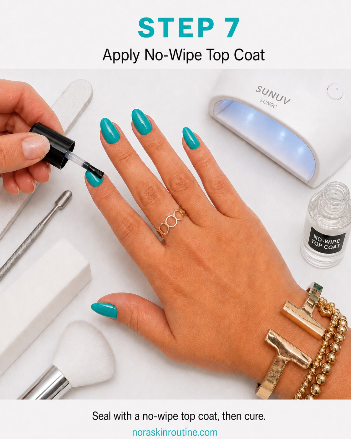 Sealing the teal nails with a tacky no-wipe top coat before the chrome powder step
