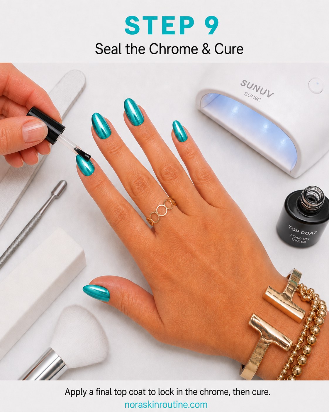 Brushing on a final top coat to seal in the teal chrome powder before curing