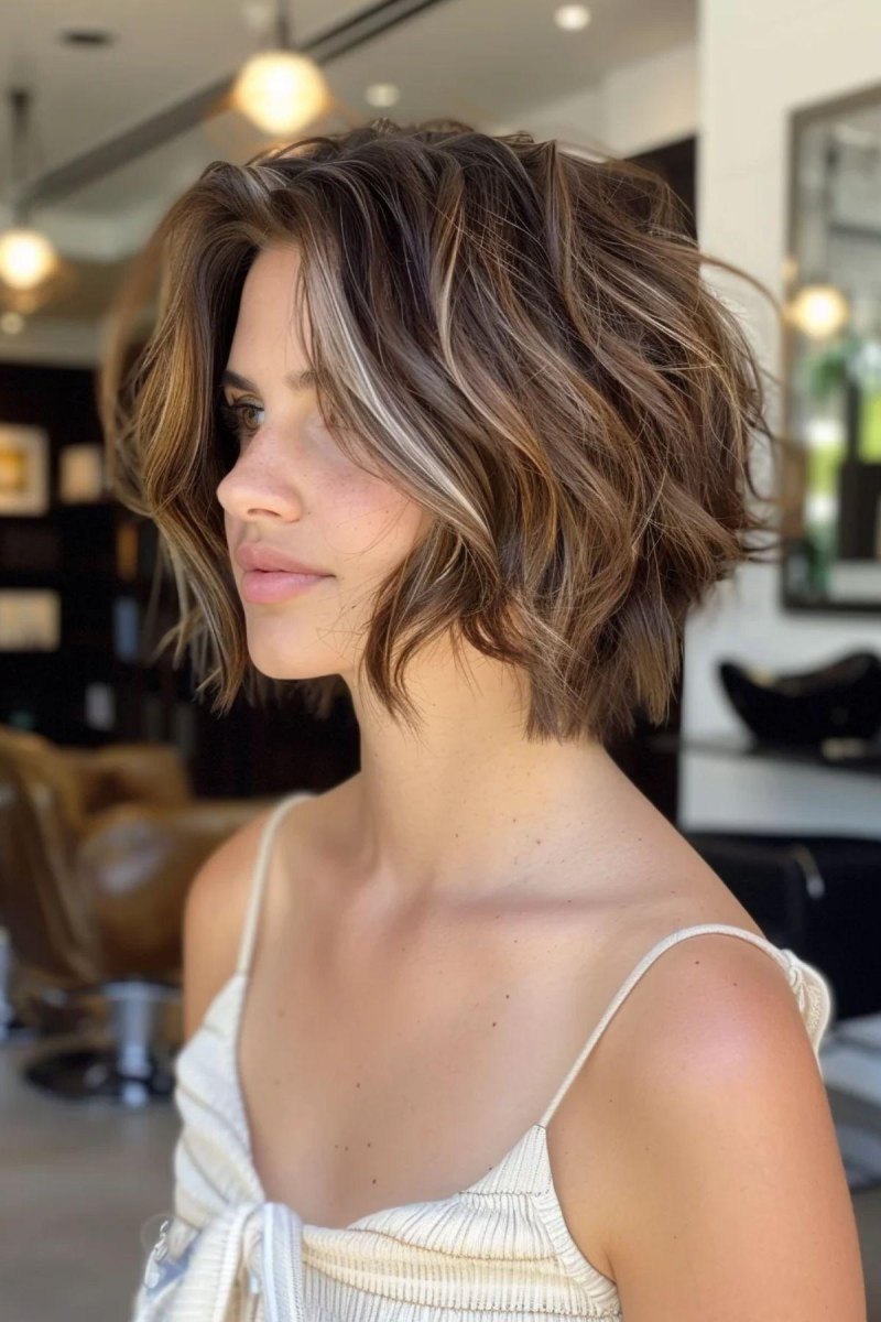 Textured brown bob with blonde highlights