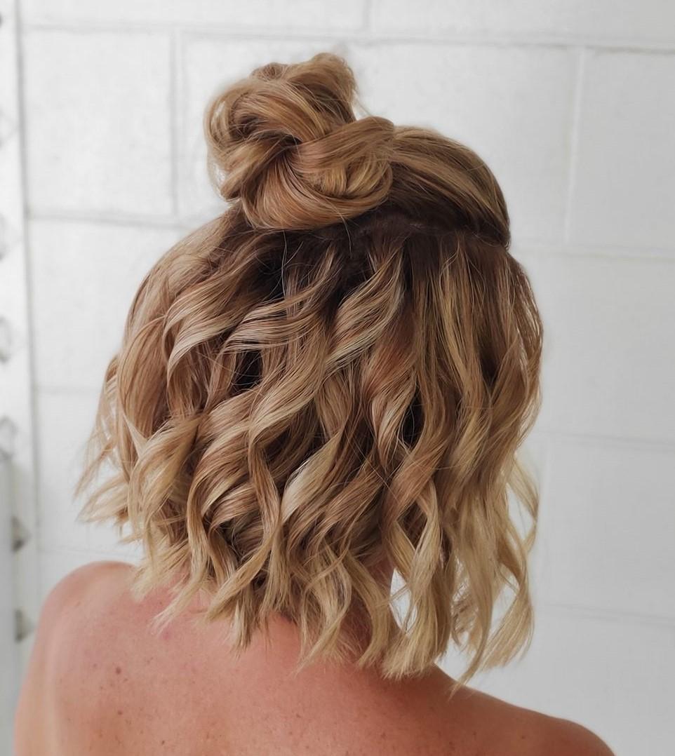 Textured waves half up bun short hair