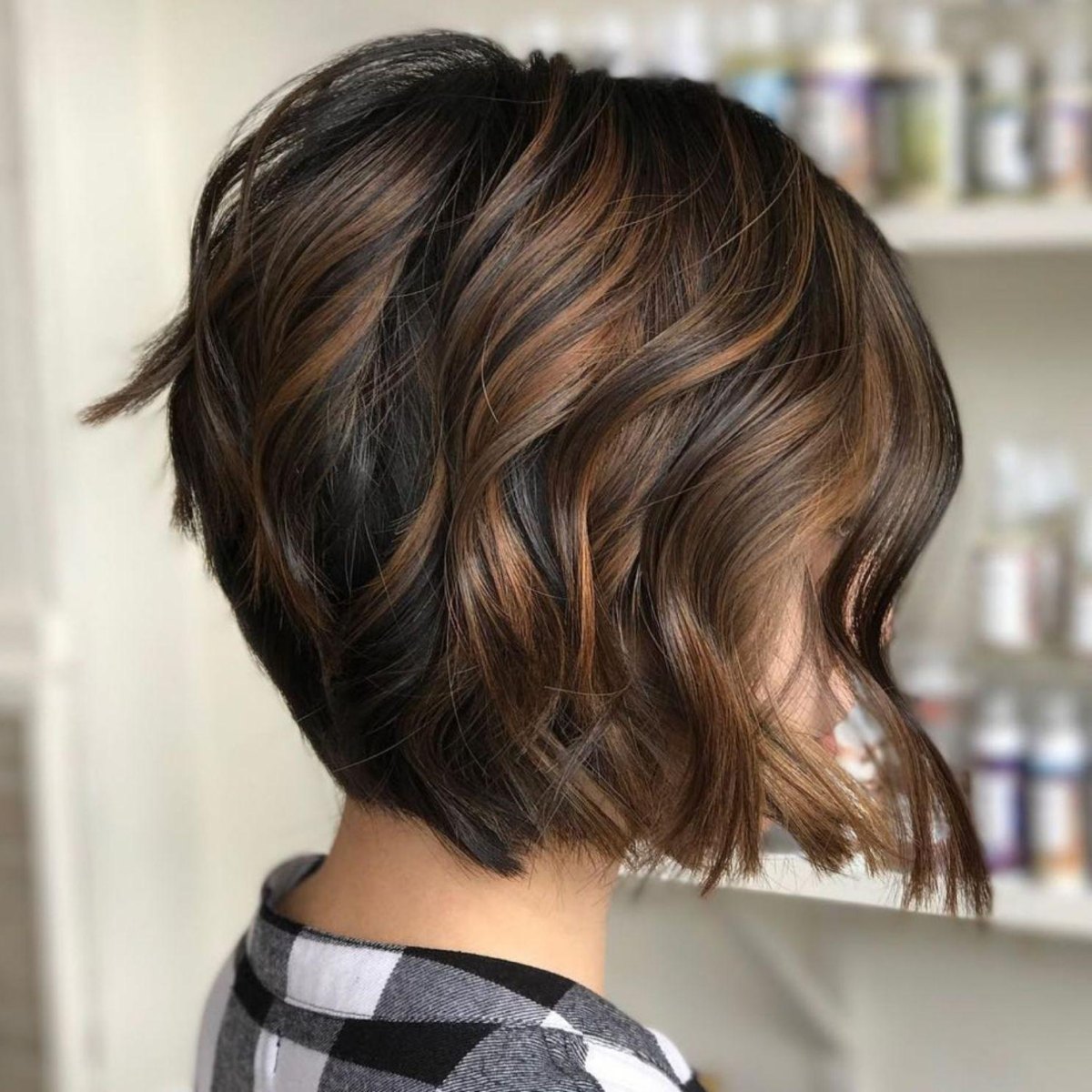 Trendy brown bob with multi tonal highlights