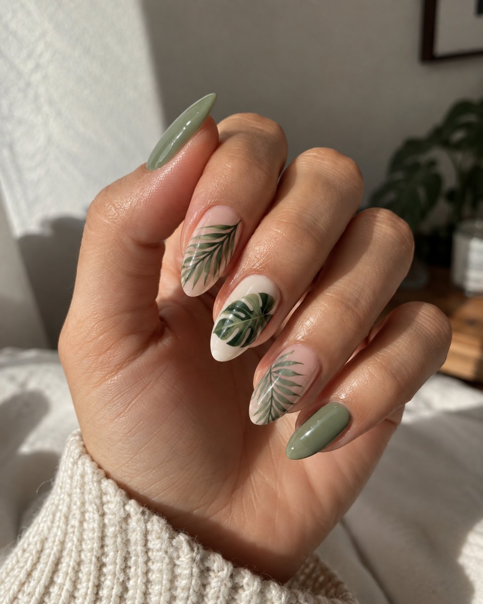 Tropical leaf almond nail art