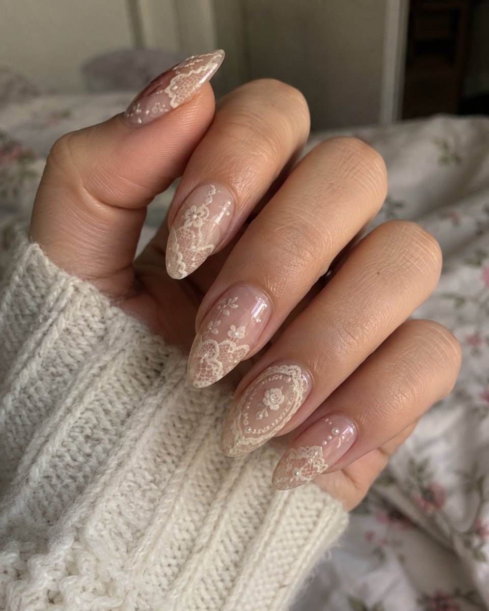 Vintage lace pattern almond nails