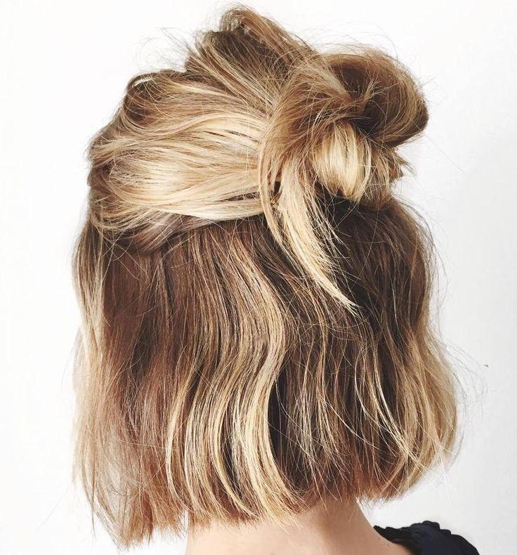 Voluminous half up bun short hair