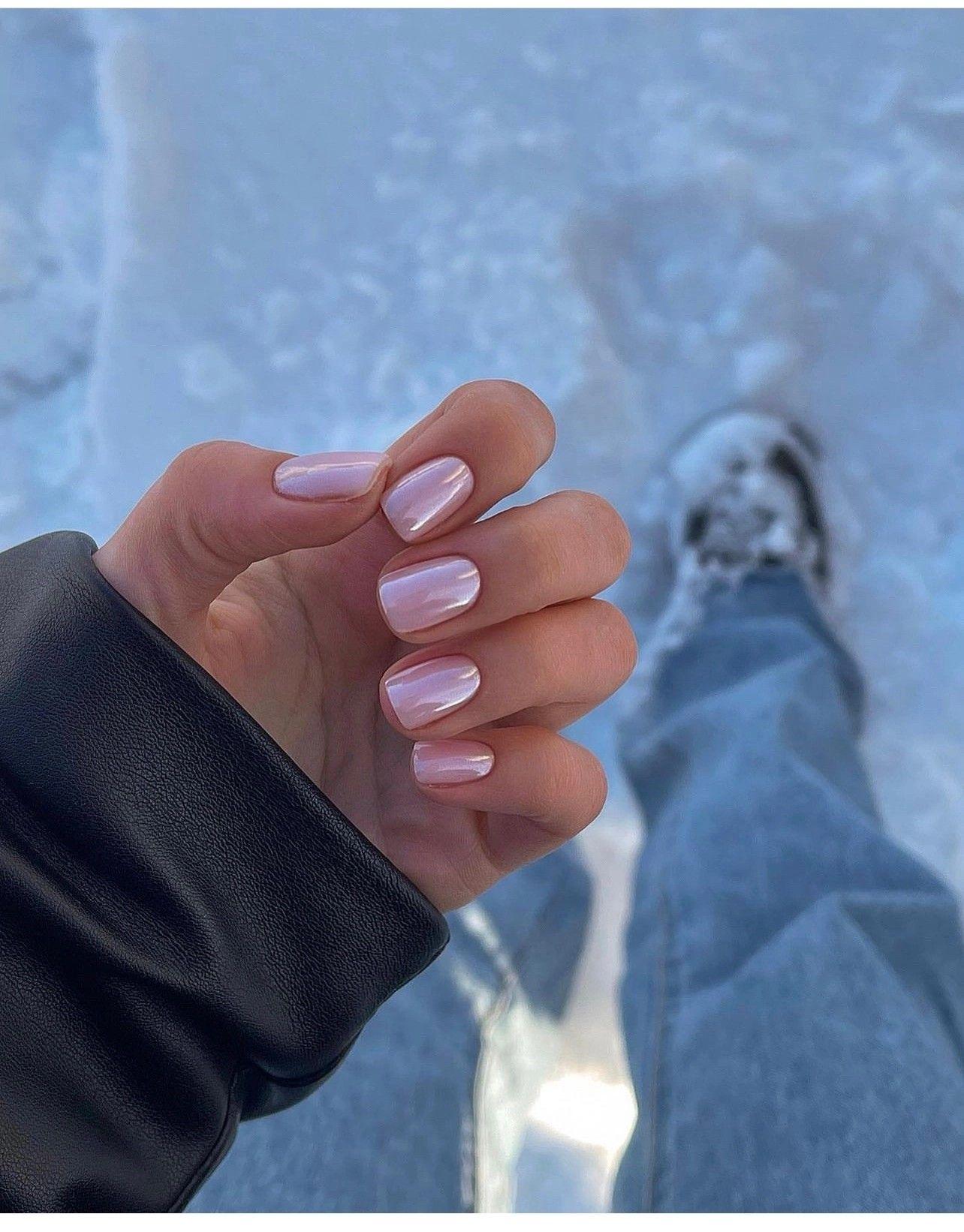 Icy winter pink chrome nails