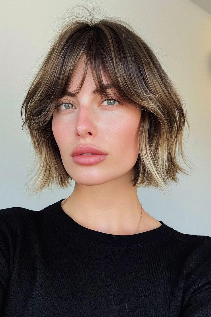 Bob haircut with wispy curtain bangs
